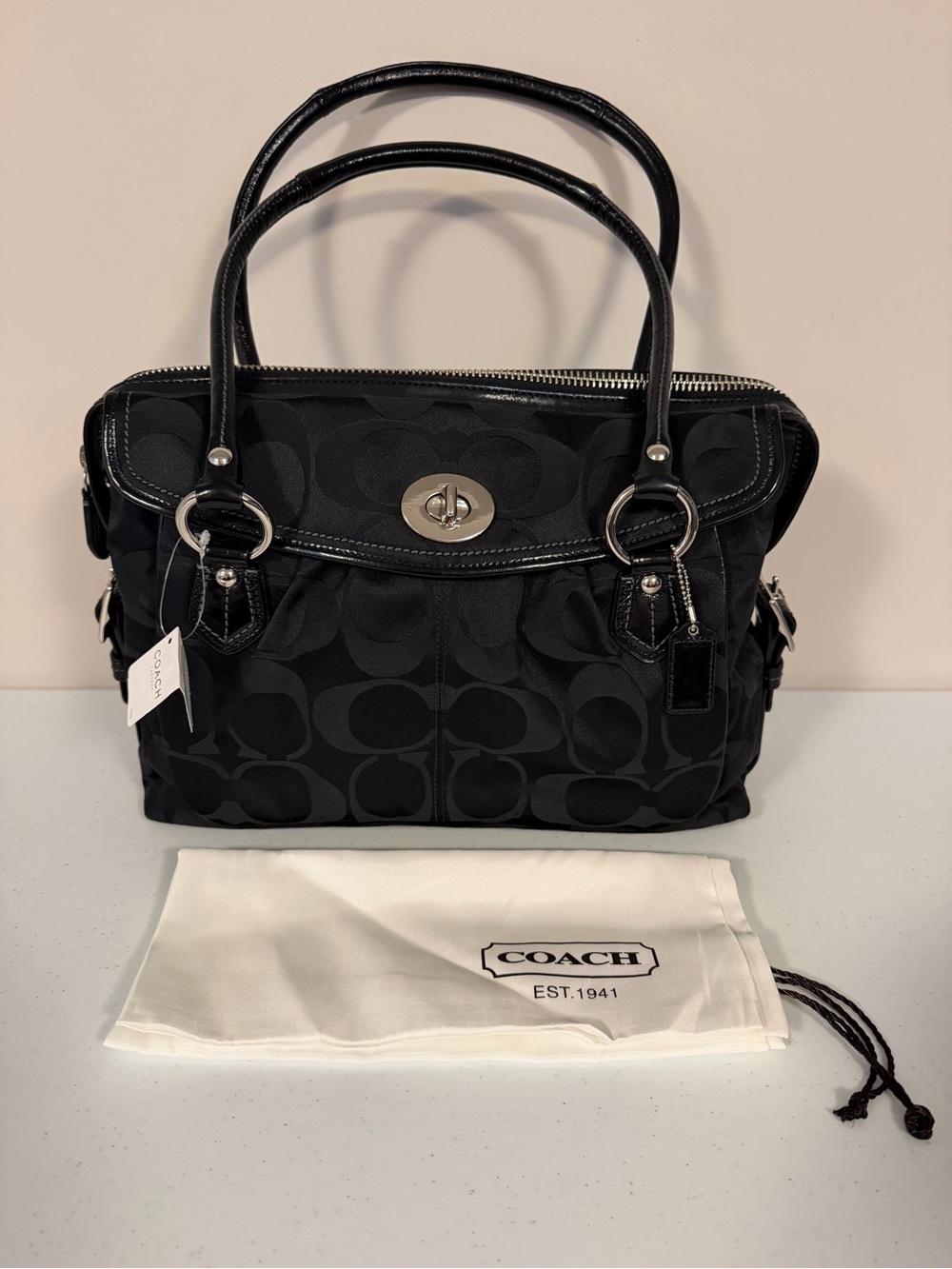 NWT Coach Addison Sateen Signature Laptop Black Tote Satchel